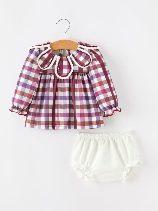 Fall Plaid Petals Collar Girls Bloomer Set -