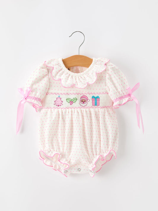 Christmas Smocked Baby Girl Bubble Romper Embroidered Ruffle Collar -