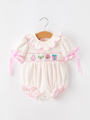 Christmas Smocked Baby Girl Bubble Romper Embroidered Ruffle Collar