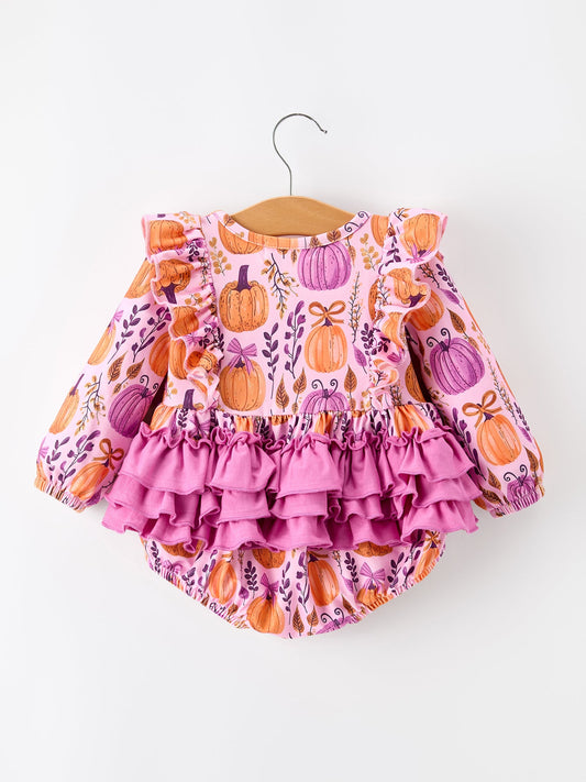 Halloween Thanksgiving Pumpkin Girls Romper with Ruffle Bow -