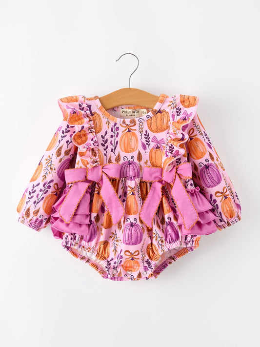 Halloween Thanksgiving Pumpkin Girls Romper with Ruffle Bow -