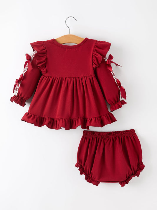 Christmas Baby Girls Red Lace Bow Bloomer Set -