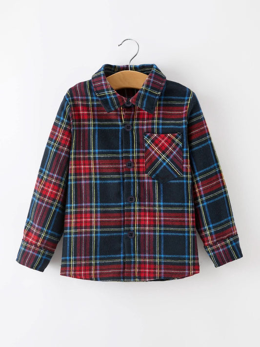 Christmas Boys Red Navy Plaid Button Down Shirt -