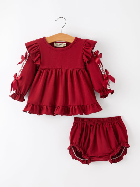 Christmas Baby Girls Red Lace Bow Bloomer Set -