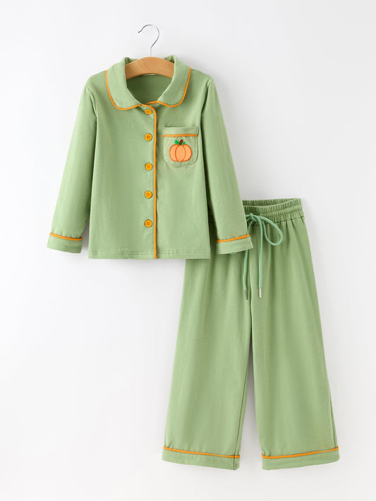 Fall Green Kids Pajamas Set Pumpkin Embroidery Button Sleepwear -