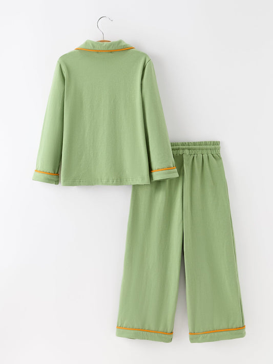 Fall Green Kids Pajamas Set Pumpkin Embroidery Button Sleepwear -