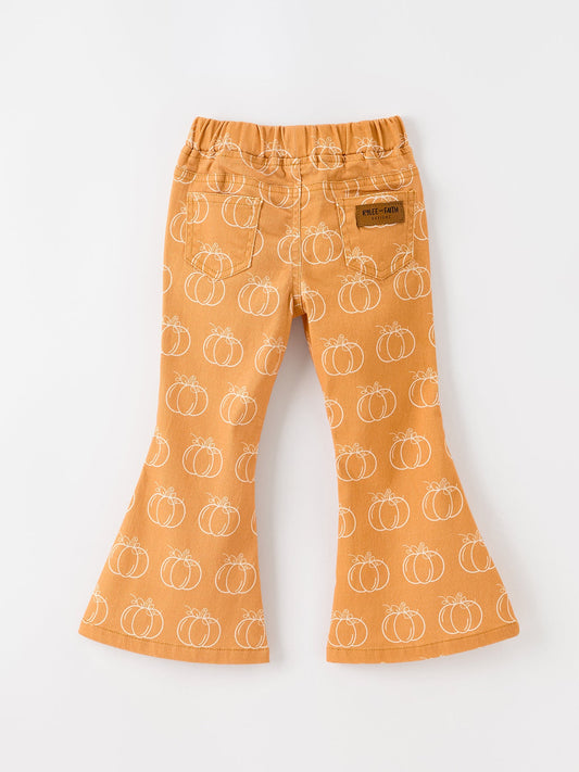 Fall Girls Pumpkin Bow Bell Bottom Pants -