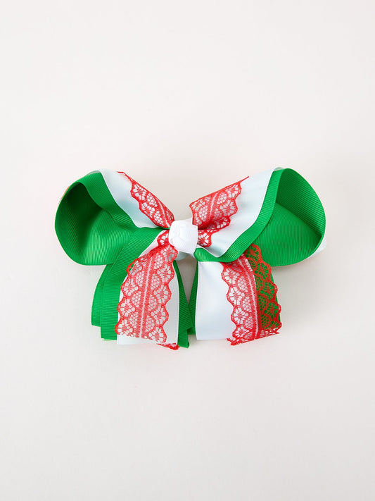 Christmas Red Lace Green Layered Bow Hair Clip 6.3 Inches -