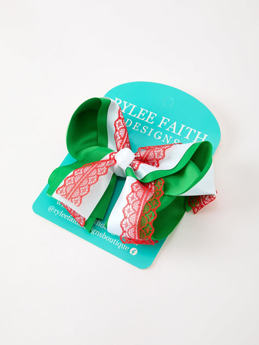 Christmas Red Lace Green Layered Bow Hair Clip 6.3 Inches -