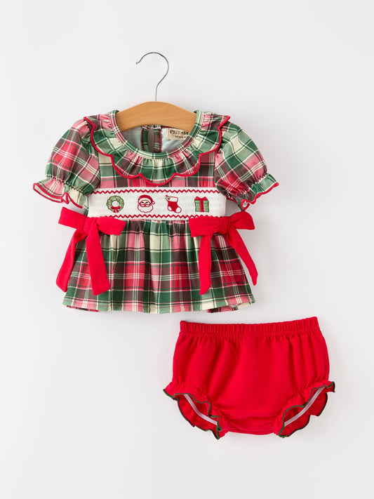 Christmas Girls Plaid Smocked Ruffle Collar Bloomer Set -