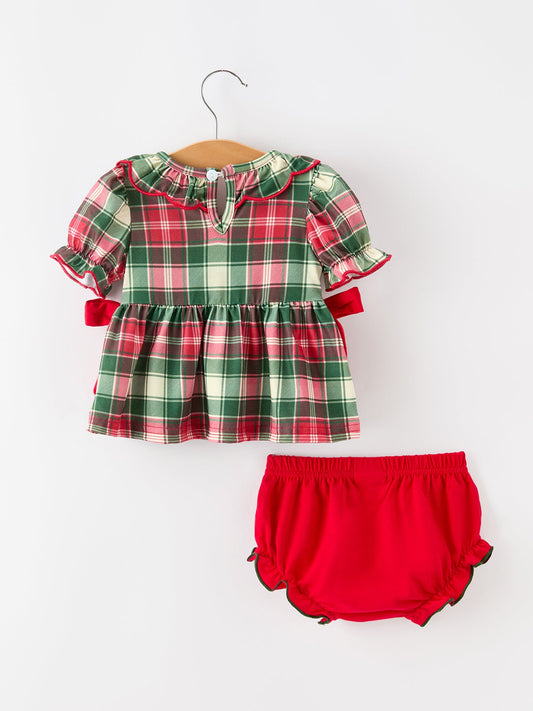 Christmas Girls Plaid Smocked Ruffle Collar Bloomer Set -