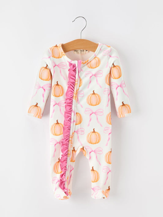 Fall Baby Girls Pumpkin Bow Ruffle Zip Romper -