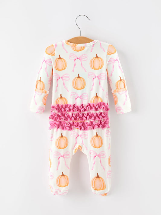 Fall Baby Girls Pumpkin Bow Ruffle Zip Romper -