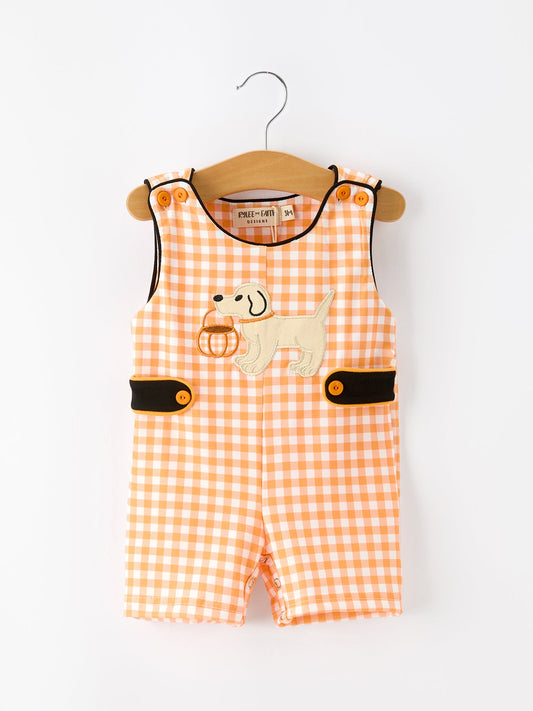Boys Halloween Dog Pumpkin Jonjon Plaid Trim Outfit -