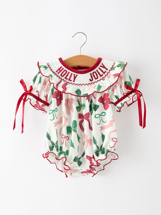Christmas Baby Girls Holly Jolly Smocked Bubble Romper -