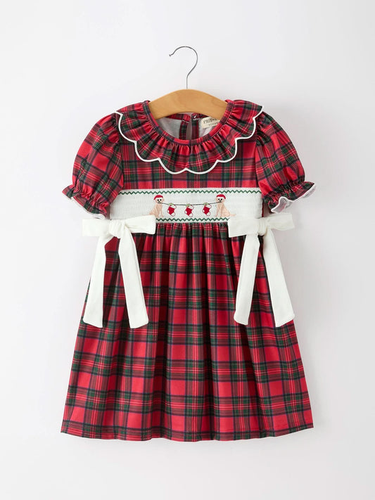 Christmas Girls Plaid Puppy Smocked Ruffle Collar Dress -