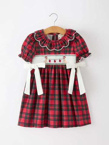 Christmas Girls Plaid Puppy Smocked Ruffle Collar Dress -