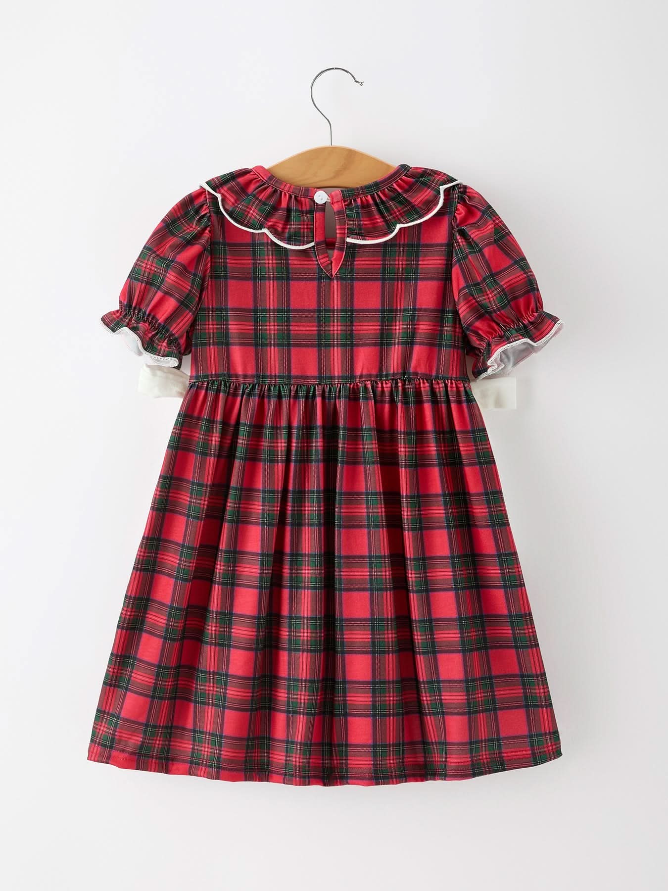 Christmas Girls Plaid Puppy Smocked Ruffle Collar Dress -