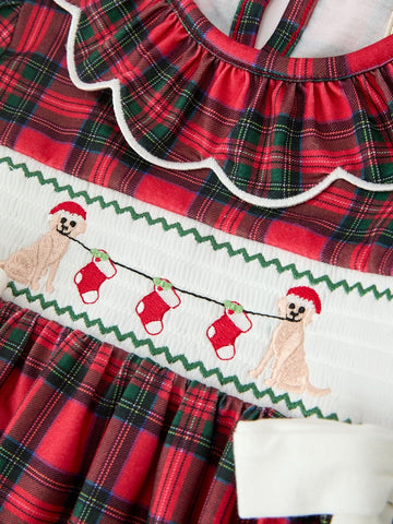 Christmas Girls Plaid Puppy Smocked Ruffle Collar Dress -