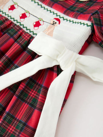 Christmas Girls Plaid Puppy Smocked Ruffle Collar Dress -