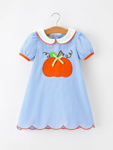 Fall Girls Plaid Pumpkin Appliqué Peter Pan Collar Dress