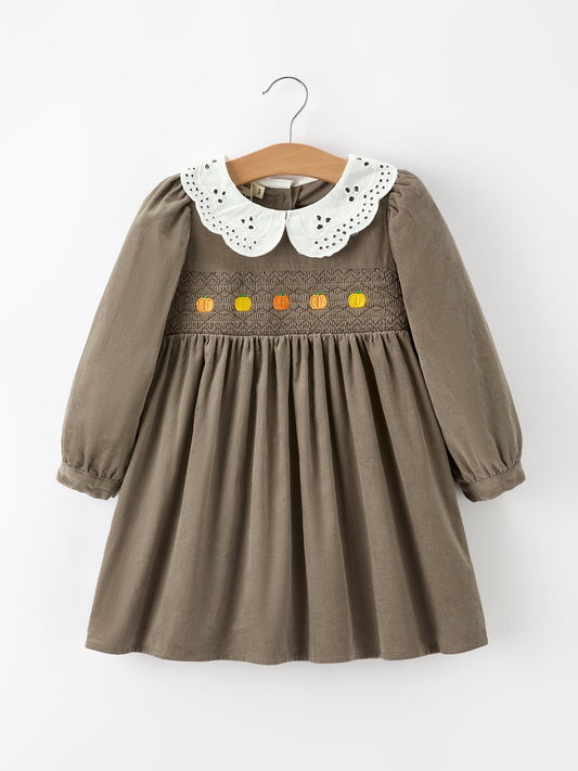 Fall Girls Pumpkin Smocked Eyelet Collar Corduroy Dress -