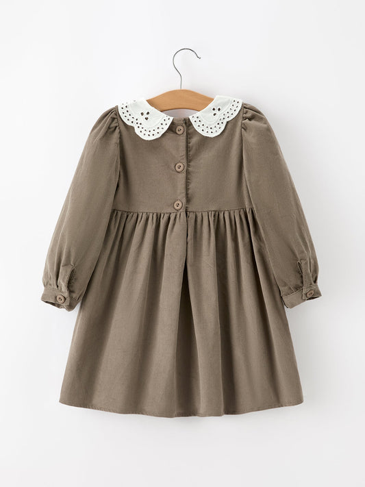 Fall Girls Pumpkin Smocked Eyelet Collar Corduroy Dress -