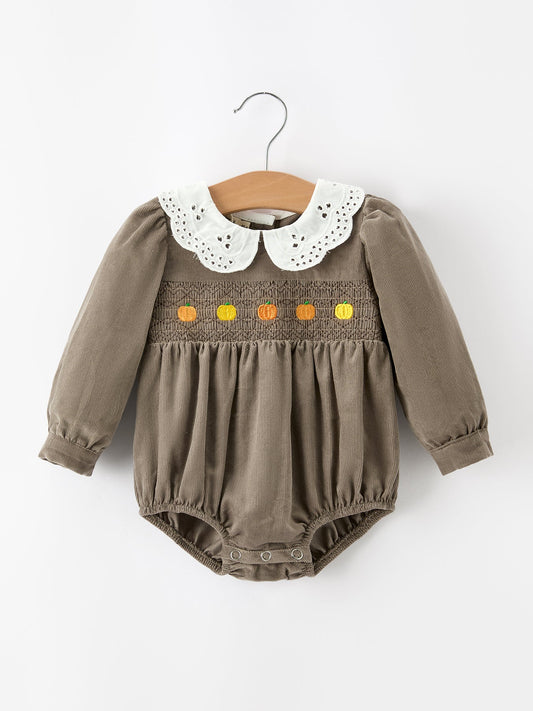 Fall Baby Girls Pumpkin Smocked Eyelet Collar Romper -