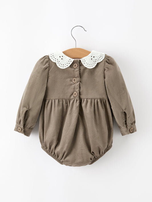 Fall Baby Girls Pumpkin Smocked Eyelet Collar Romper -