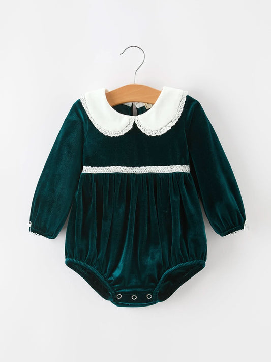 Baby Girls Emerald Green Velvet Peter Pan Collar Christmas Romper -