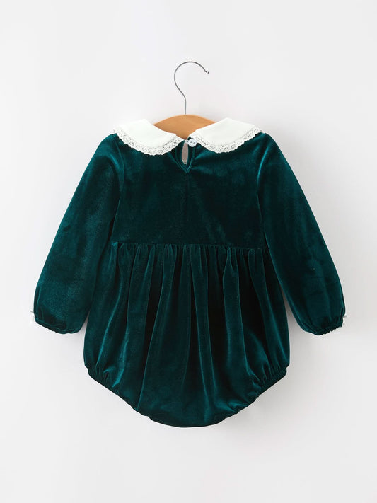Baby Girls Emerald Green Velvet Peter Pan Collar Christmas Romper -
