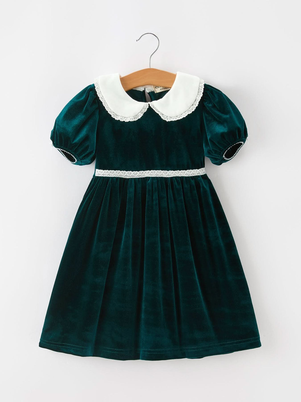 Girls Emerald Green Velvet Lace Collar Christmas Dress -