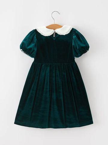 Girls Emerald Green Velvet Lace Collar Christmas Dress -