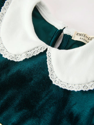 Girls Emerald Green Velvet Lace Collar Christmas Dress -