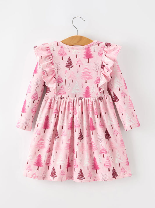 Christmas Tree Print Girls Pink Ruffle Long Sleeve Dress -