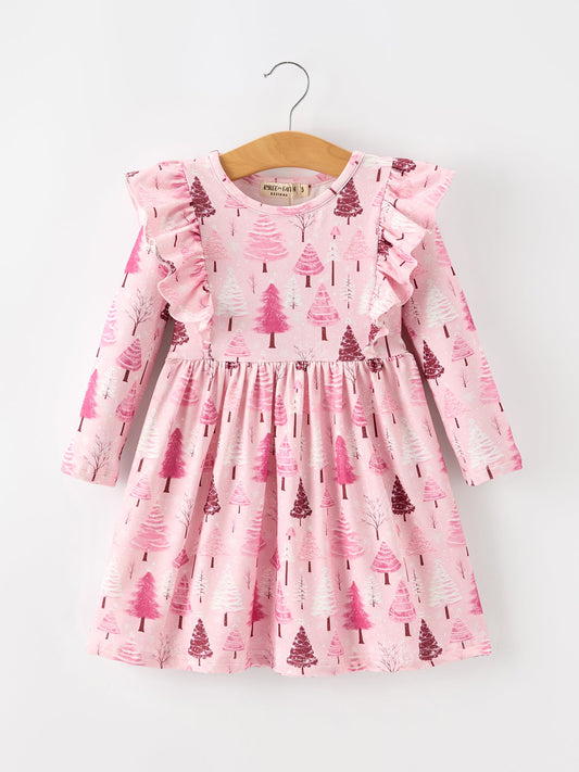 Christmas Tree Print Girls Pink Ruffle Long Sleeve Dress -