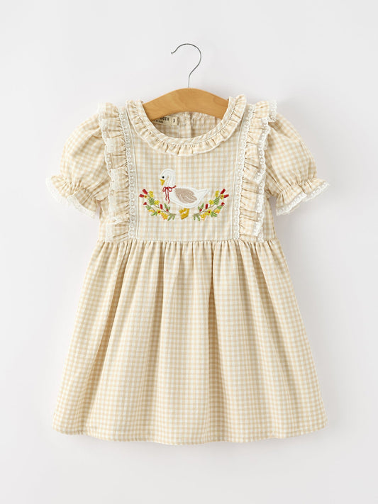Girls Goose Embroidered Beige Plaid Ruffle Dress -
