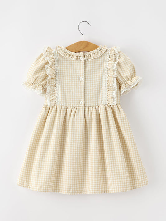 Girls Goose Embroidered Beige Plaid Ruffle Dress -