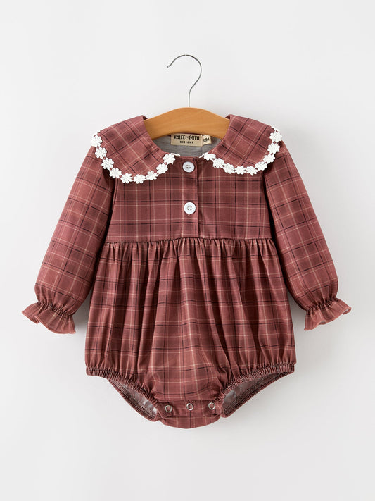 Baby Girls Brown Plaid Floral Lace Collar Romper -