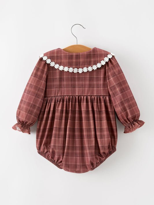 Baby Girls Brown Plaid Floral Lace Collar Romper -