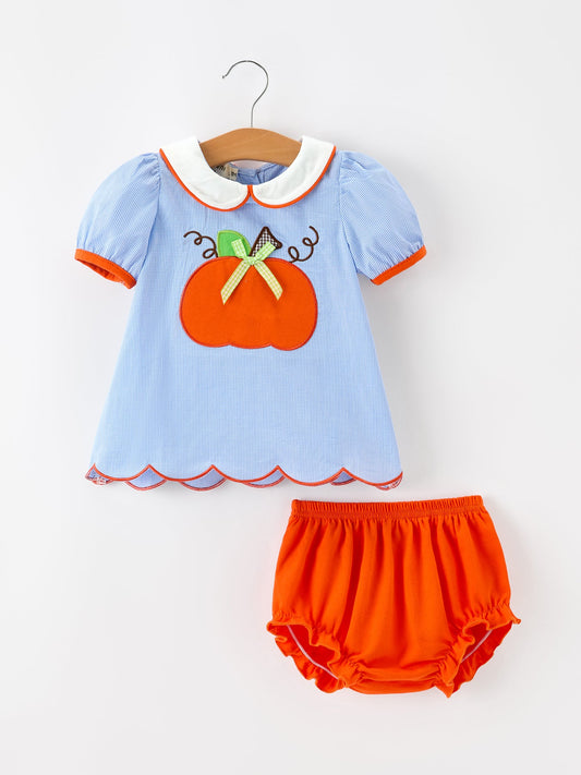 Fall Girls Pumpkin Appliqué Peter Pan Collar Bloomer Set -