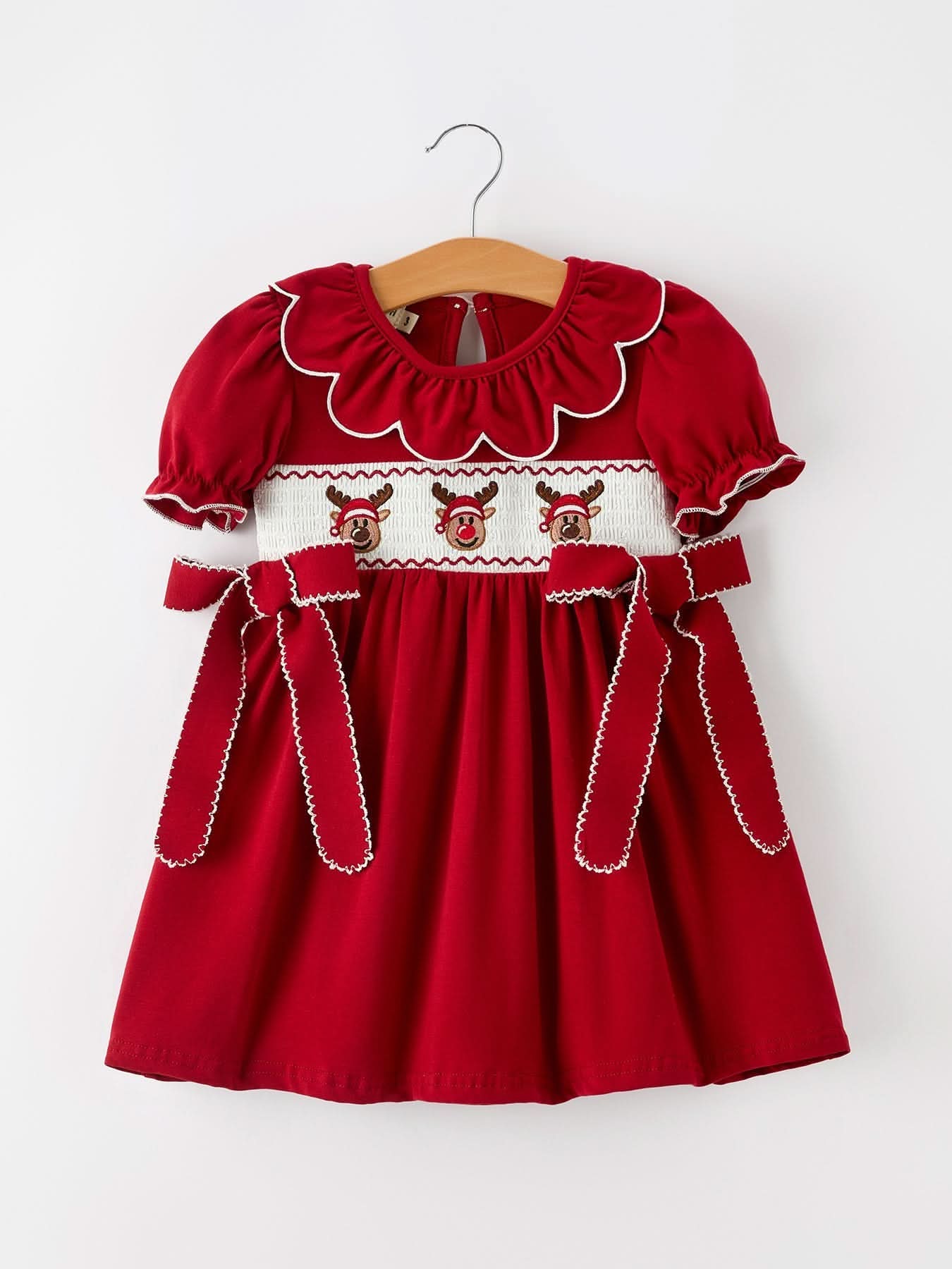 Girls Christmas Reindeer Smocked Red Bow Dress -