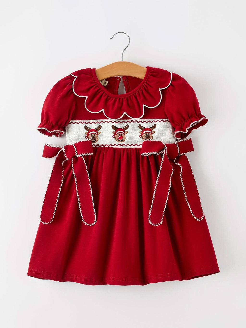 Girls Christmas Reindeer Smocked Red Bow Dress -