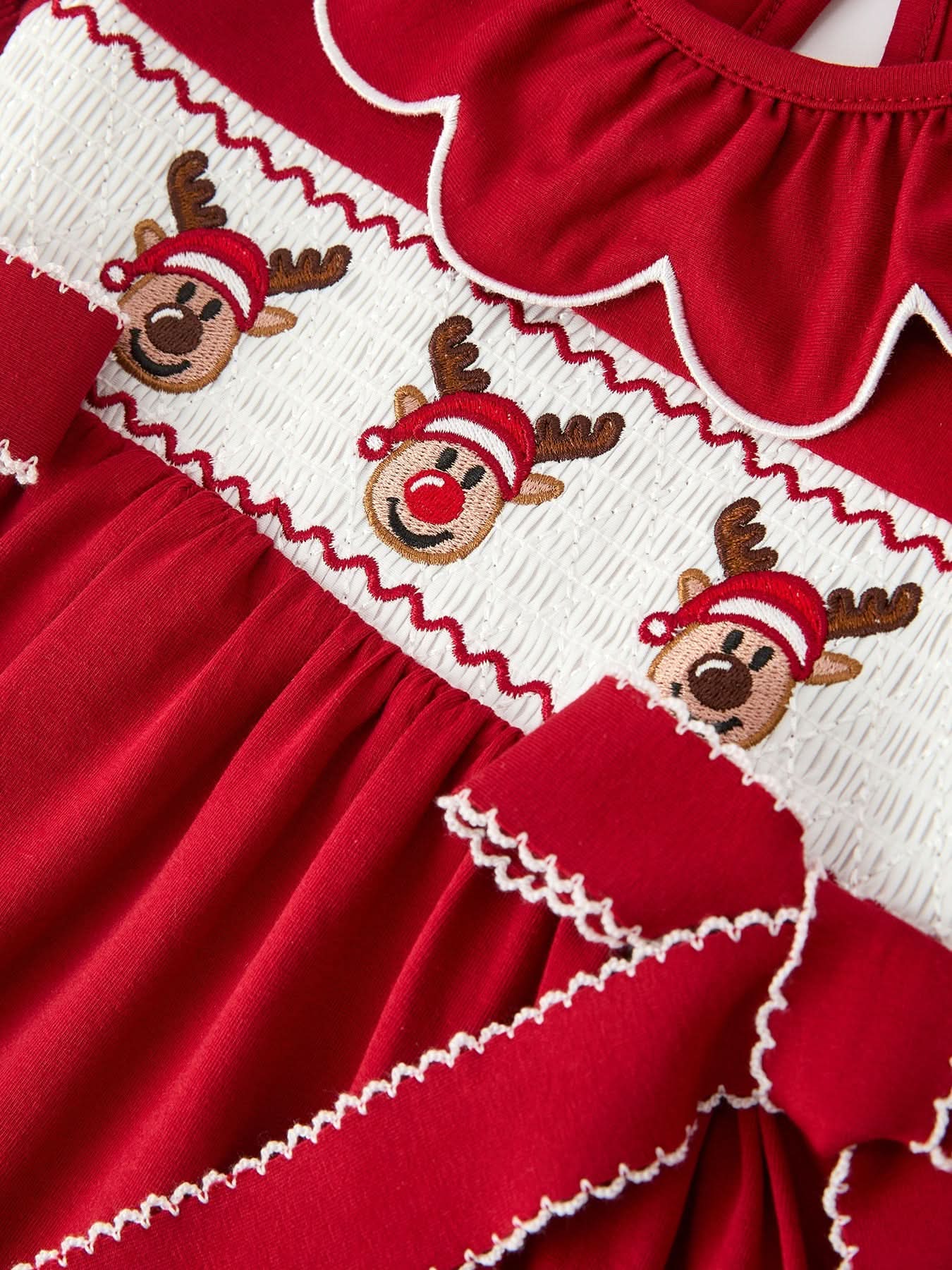 Girls Christmas Reindeer Smocked Red Bow Dress -