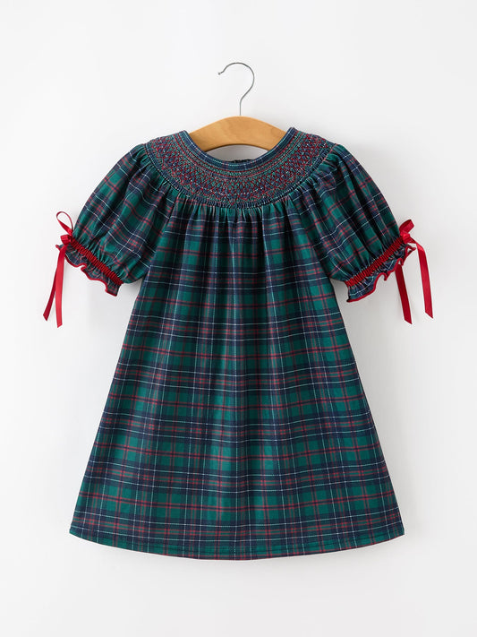 Christmas Girls Plaid Smocked Dres Puff Sleeves -