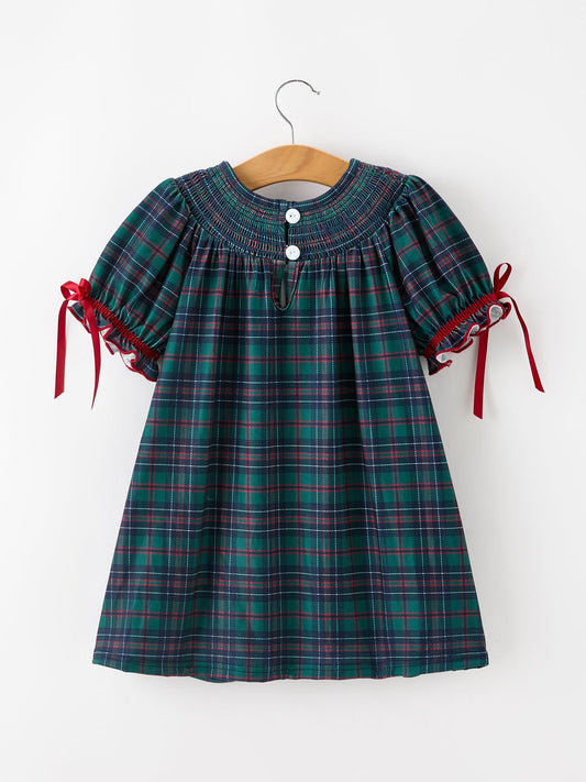 Christmas Girls Plaid Smocked Dres Puff Sleeves -