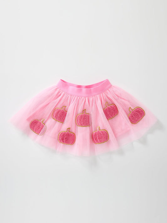 Fall Girls Pink Pumpkin Appliqué Tulle Skirt -