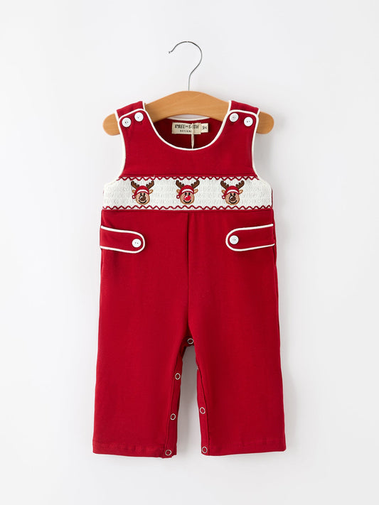 Baby Boys Christmas Reindeer Smocked Red Jonjon -