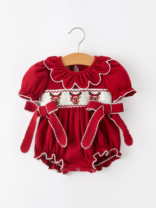 Baby Girls Christmas Reindeer Smocked Bubble Romper -