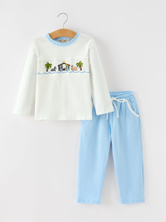 Christmas Nativity Embroidered Boys Long Sleeve Top And Pants Set -